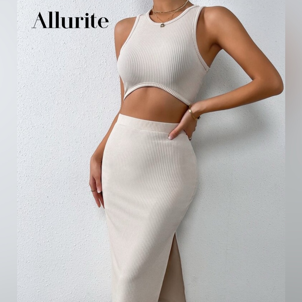 SHEIN Cream Pencil Skirt with Slit and Cut Out